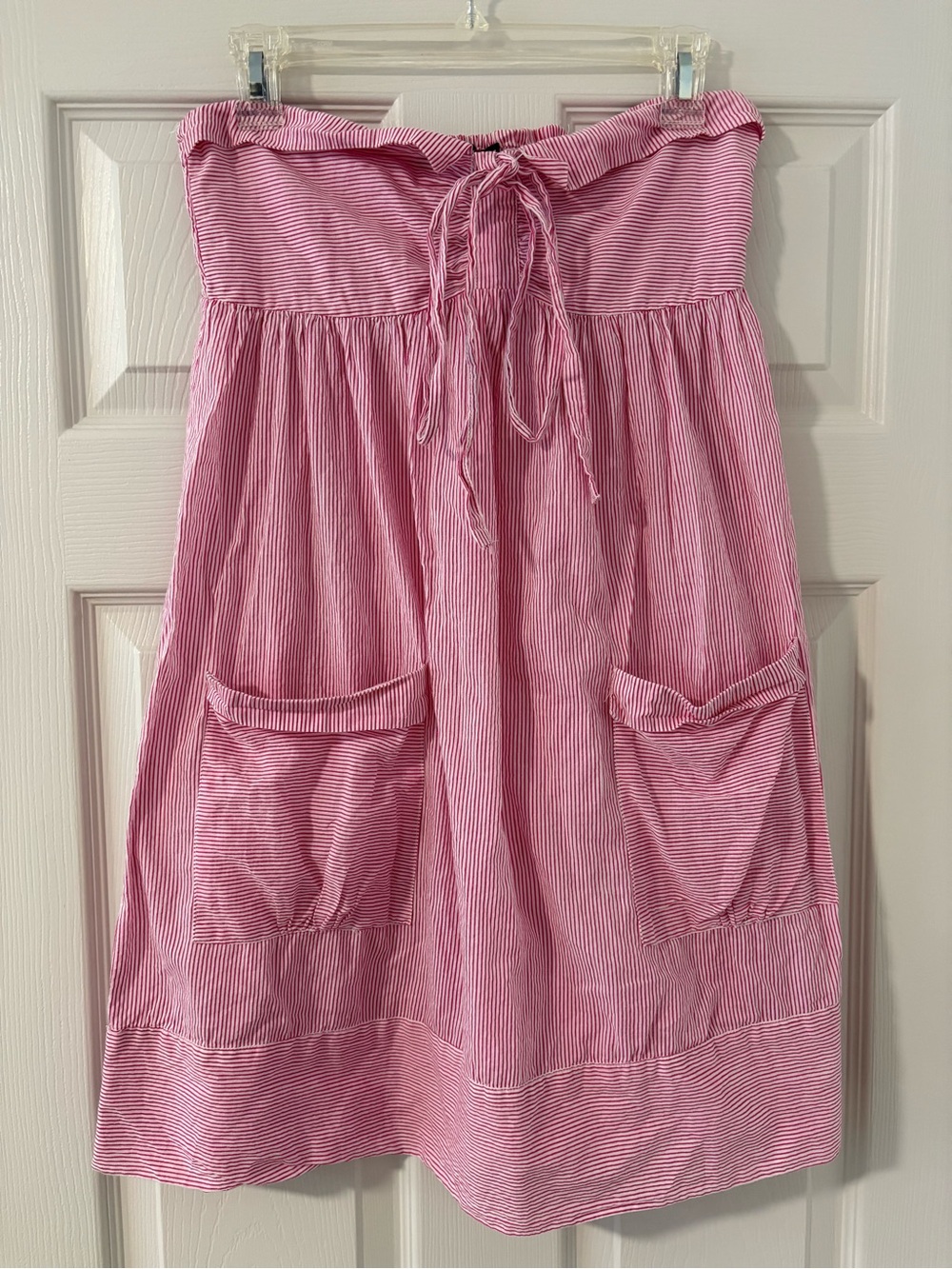 Women’s Pink White Striped Strapless Dress Cottagecore Prairie Pockets 8/36 S/M